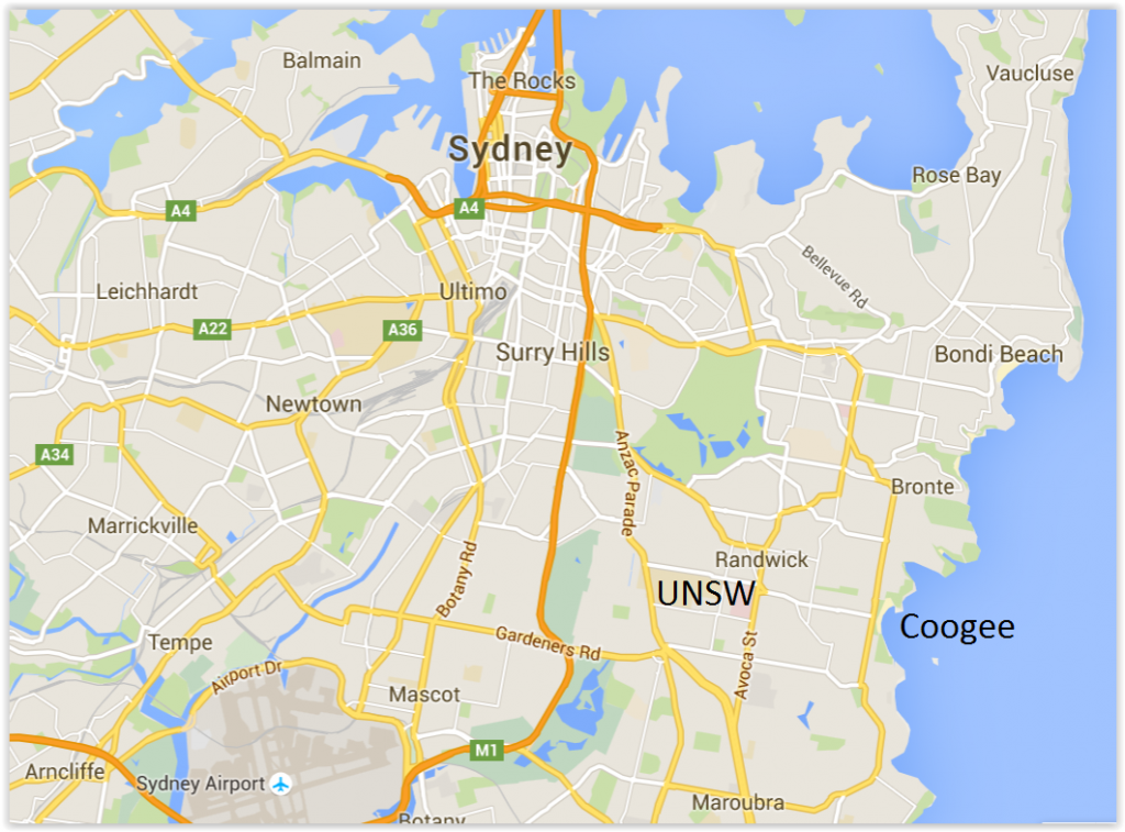 Map showing UNSW (conference venue) and Coogee (dinner venue) in relation to the city and airport.